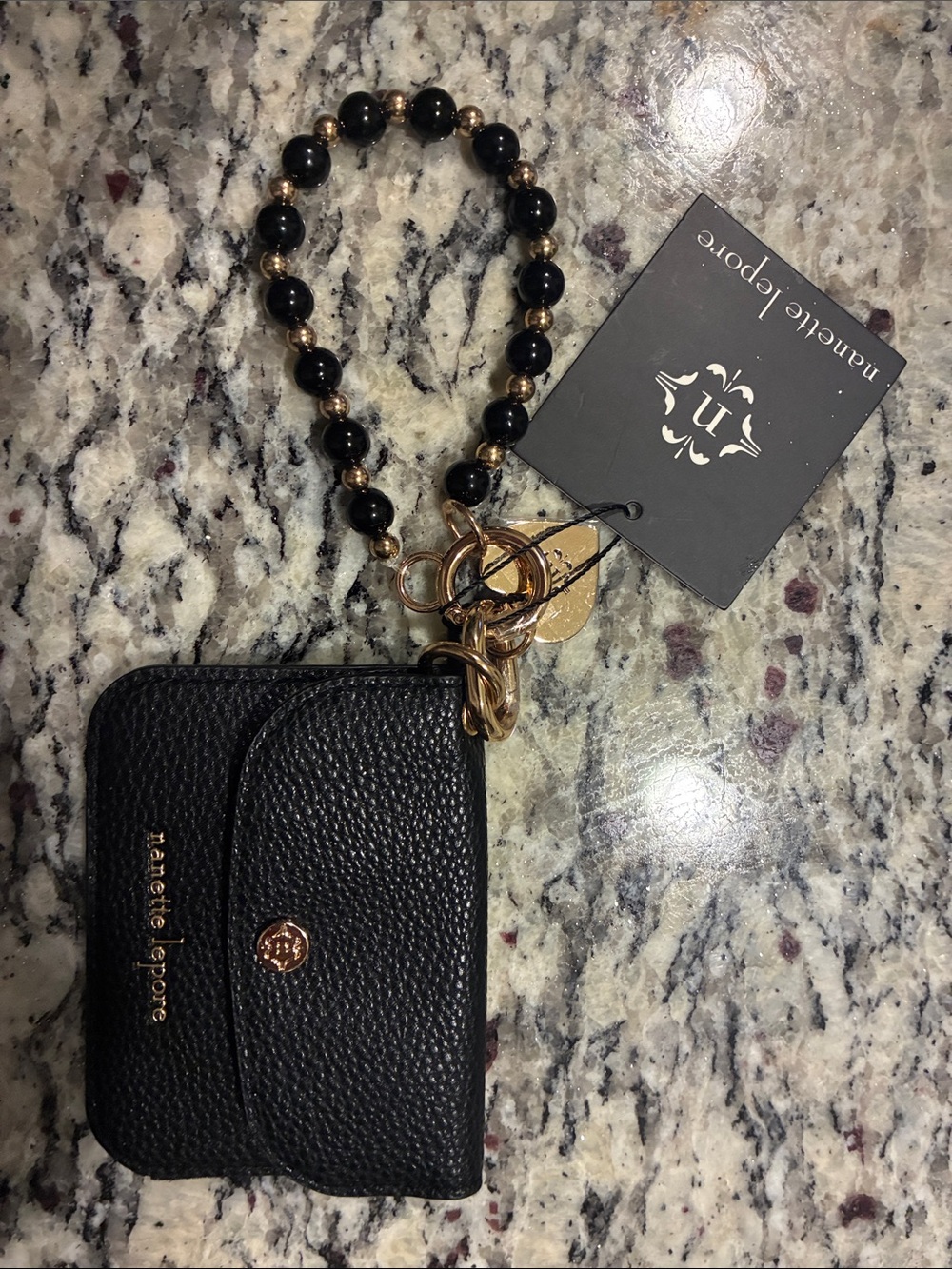 Nanette Lepore Black Leather Card Holder with Gold Beaded Wristlet